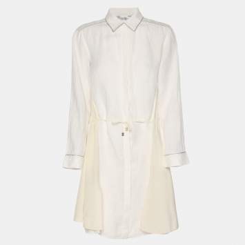 Pre Owned Max Mara White/Ivory Linen and Crepe Drawstring Tops M