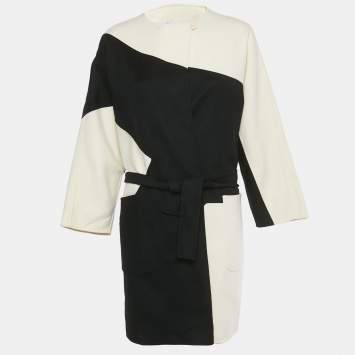 Pre Owned Max Mara White/Black Striped Wool Belted Cardigan M