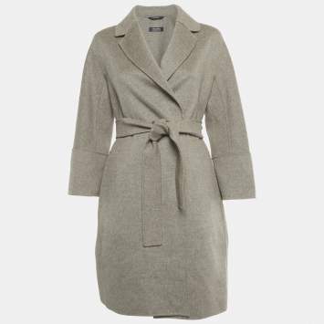 Pre Owned Max Mara Grey Wool Open Front Belted Coat M