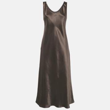 Pre Owned فستان ماكسي ساتان بني بدون أكمام ماكس مارا ليجر مقاس كبير (لارج)