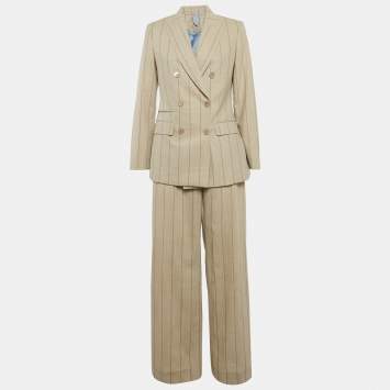 Pre Owned Max Mara Beige Pin Stripe Wool Double Breasted Tailored Suit M/Waist 32"