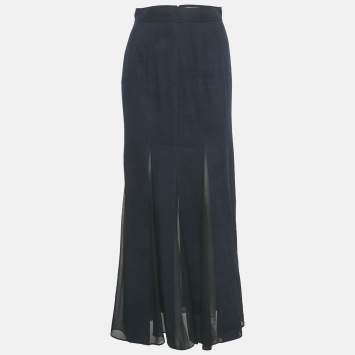 Pre Owned Max Mara Blue Denim & Silk Nicia Pleated Maxi Skirt S