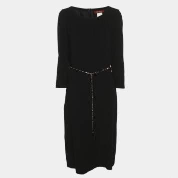 Pre Owned Max Mara Black Wool Blend Belted Midi Dress L