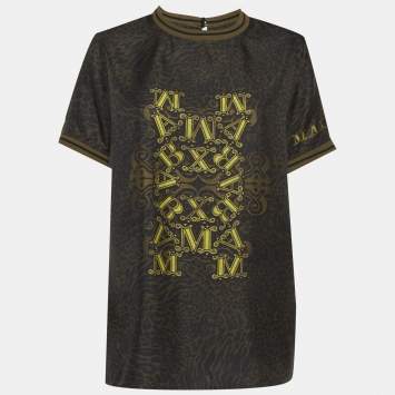 Pre Owned توب ماكس مارا بطبعة فهد من الحرير أسود/أخضر مقاس كبير