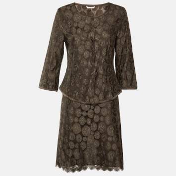 Pre Owned Max Mara Brown Lace Button Front Top & Skirt M