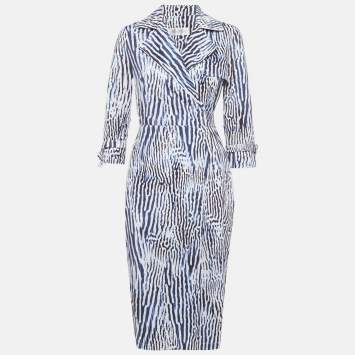 Pre Owned Max Mara Blue/White Printed Cotton Midi Wrap Dress M