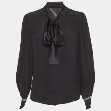 مملوكة مسبقًا Max Mara Black Sateen Neck-Tie Shirt M