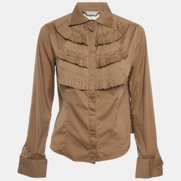 مملوكة مسبقًا Max Mara Brown Cotton Frilled Shirt M