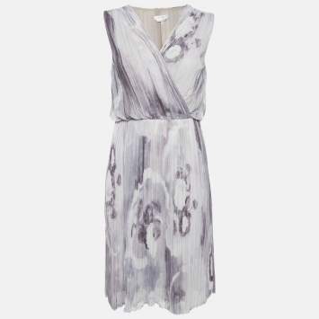 Pre Owned Max Mara Grey Printed Plisse Midi Dress M