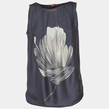 مملوكة مسبقًا توب ماكس مارا أزرق داكن بطبعة أزهار حرير بلا أكمام مقاس متوسط