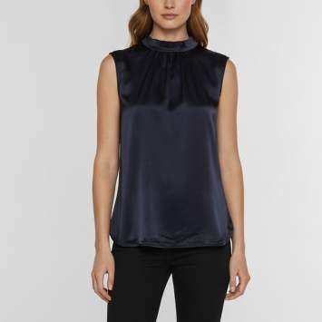 Pre Owned Max Mara Navy Blue Satin & Jersey Gathered Mock Neck Blouse M