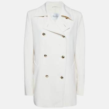 Pre Owned Max Mara White Wool Blend Double-Breasted Rebus Coat L