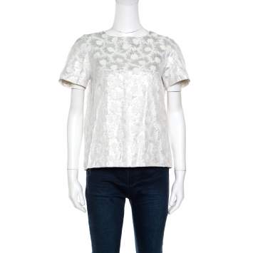 Pre Owned Weekend Max Mara Cream Floral Lurex Detail Falena Top M