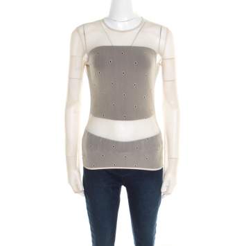 Pre Owned Max Mara Beige Stretch Nylon Mesh Eyelet Embroidered Sheer Top M