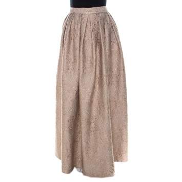 Pre Owned Max Mara Cream Lurex Floral Pattern Jacquard Long Skirt S 