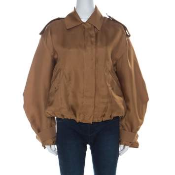 Pre Owned Max Mara Beige Silk Organza Detachable Hood Bomber Jacket M 
