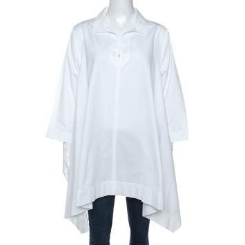 Pre Owned Max Mara White Cotton Hi-Lo Hem Collared Top L