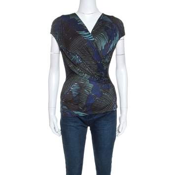 Pre Owned Max Mara Multicolor Printed Stretch Knit Wrap Top M