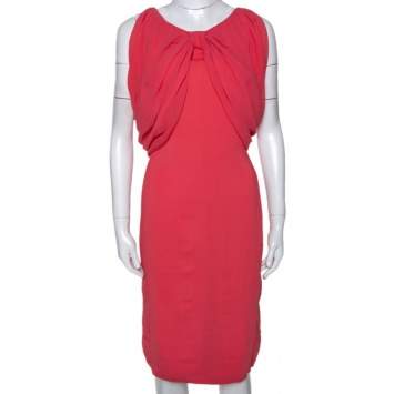 Pre Owned Max Mara Coral Pink Stretch Crepe Draped Sheath Dress L 