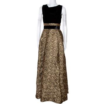 Pre Owned Max Mara Black Velvet & Embossed Lurex Jacquard Draped Dress S