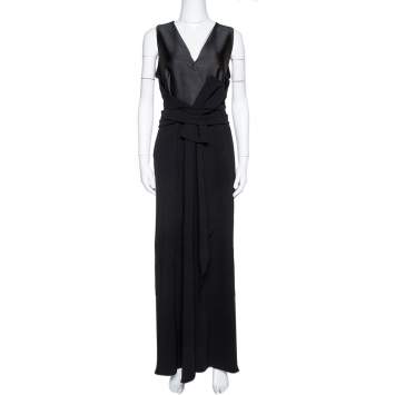 Pre Owned Max Mara Black Satin & Crepe Bow Detail Sleeveless Maxi Dress L