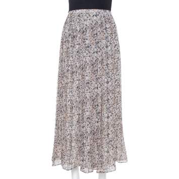 Pre Owned Max Mara Cream Printed Chiffon Pleated Maxi Skirt S