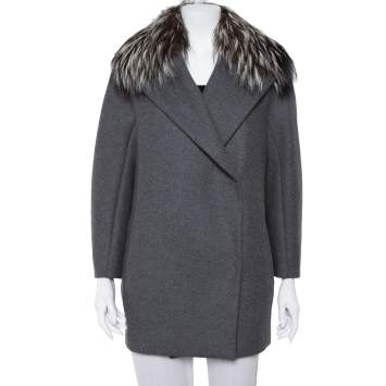 Pre Owned Max Mara Atelier Grey Collar Fur Lined Double Breasted Jacket S
