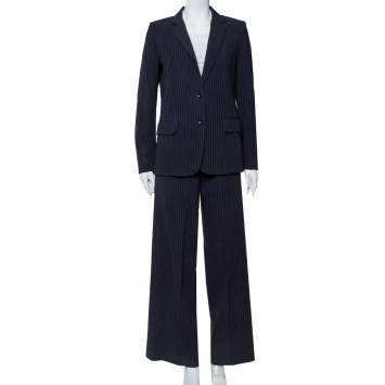 Pre Owned Max Mara Navy Blue Pinstriped Wool Selz Suit M