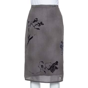 Pre Owned Max Mara Grey Floral Printed Chiffon Midi Skirt L