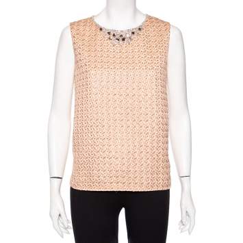Pre Owned Max Mara Peach Patterned Crepe Embellished Neckline Detail Top L 