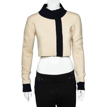 Pre Owned Max Mara Beige Wool & Cashmere Contrast Trim Zip Front Cropped Cardigan L