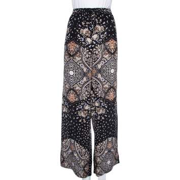 Pre Owned Max Mara Studio Black Printed Silk Elasticized Waist Wide Leg Pants L
