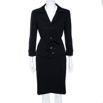 Pre Owned Max Mara Black Crepe Button Front Belted Blazer And Skirt Set M