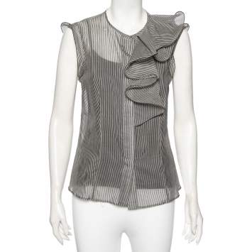 Pre Owned Max Mara Monochrome Striped Silk And Cotton Ruffled Sleeveless Sheer Top M