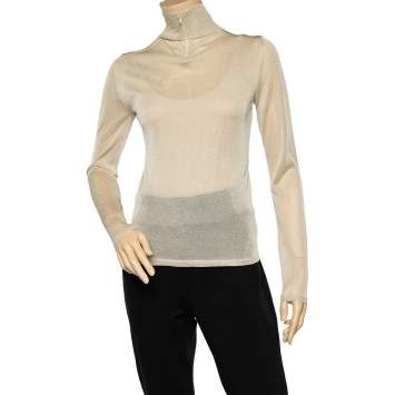 Pre Owned Max Mara Beige Sheer Lurex Knit Turtle Neck Long Sleeve Top M