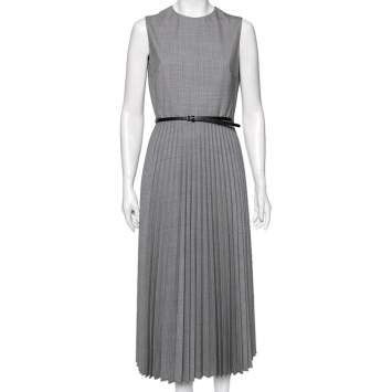 Pre Owned Max Mara Grey Micro Houndstooth Patterned Wool Arielle Belted Dress M
