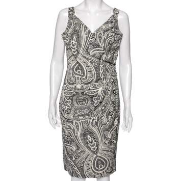 Pre Owned Max Mara Monochrome Paisley Printed Cotton Draped Detail Dress M