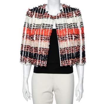 Pre Owned Max Mara Multicolored Fringed Long Sleeve Cropped Jacket L