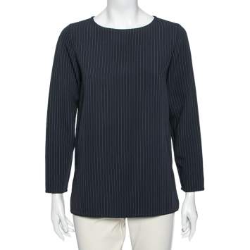 Pre Owned Max Mara Navy Blue Pinstripe Crepe Top M