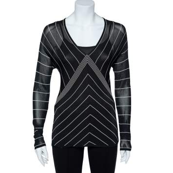 Pre Owned Max Mara Back Stripe Pattern Knit V-Neck Top M
