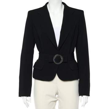 Pre Owned Max Mara Black Striped Crepe Belted Button Front Blazer M