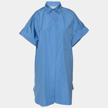 Pre Owned Max Mara Blue Cotton Button Front Midi Shirt Dress M