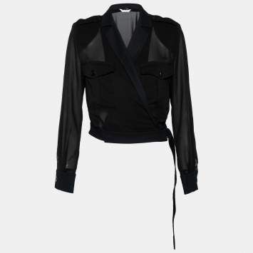 Pre Owned Max Mara Black Crepe Front Tie Detail Crop Jacket M 