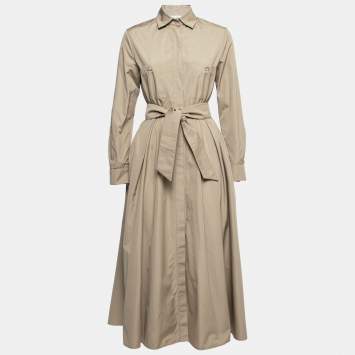 Pre Owned Max Mara  Khaki Brown Cotton Button Front Belted Shirt Dress S