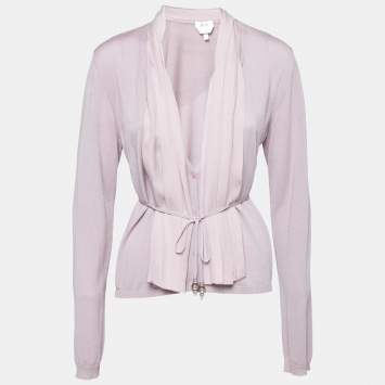 Pre Owned Max Mara Lilac Knit & Silk Paneled Belted Button Front Cardigan L