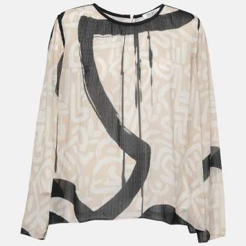 Pre Owned Max Mara Beige and Black Printed Textured Silk Long Sleeve Blouse XL