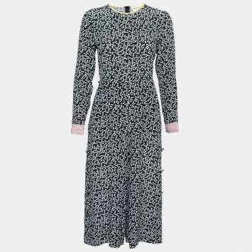 Pre Owned Max Mara Navy Blue Polka Dot Print Silk Long Sleeve Jumpsuit M