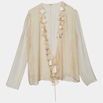 Pre Owned Max Mara Light Beige Silk Ruffle Detail Wrap Blouse L