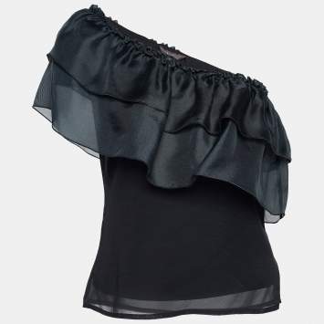Pre Owned Max Mara Black Crepe Ruffled One Shoulder Top S