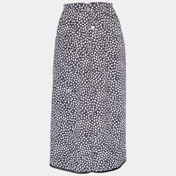 Pre Owned Max Mara Monochrome Printed Silk Stud Detail Midi Skirt M